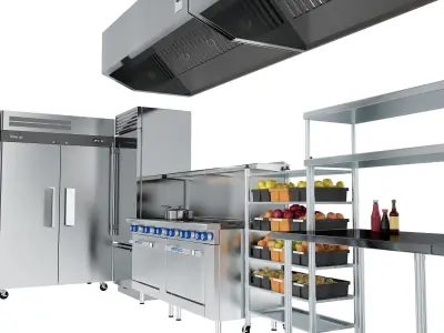 Restaurant cafe kitchen equipment with utensils 3D model