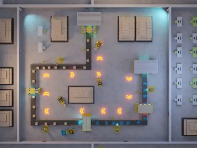 Sci fi factory with conveyor line and robotic arms  animation Low-poly 3D model