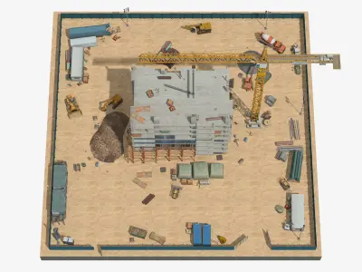 Construction Site with Building and Construction Vehicles Low-poly 3D model