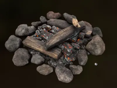 The Bonfire fire pit with logs and rocks Low-poly 3D model