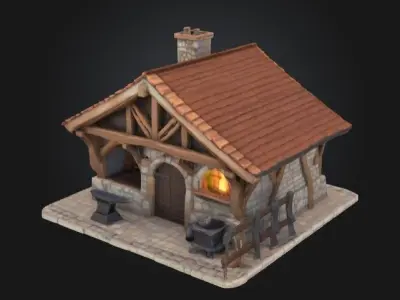 Stylized Fantasy Blacksmith Forge Game-Ready Building Low-poly 3D model