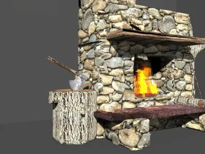 medieval stone fireplace old stove Low-poly 3D model