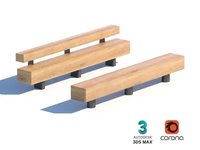 Minimalist Wooden Bench Set for Urban and Park Spaces 3D model