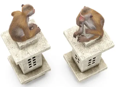  Brown Macaque Sitting on Stone Lantern Fur for Cinema 4D 