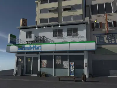 Family Mart- convenience store and street Low-poly 3D model