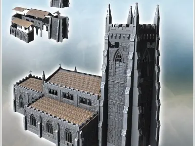 Christian church with square front Gothic tower and side annexes 3D print model