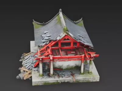 Ruined Traditional Chinese Temple Hall 3D Model Low-poly 3D model