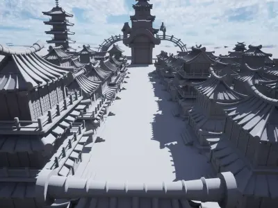 Modular Japanese medieval town Low-poly 3D model