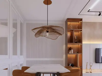 Organic Wavy Wood Slat Pendant Lamp - Modern Boho Chandelier 3D model