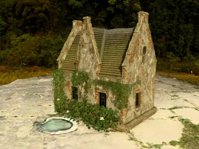 Old Church and 2 Houses And Ivy Houses With Leaf Ground 3D model