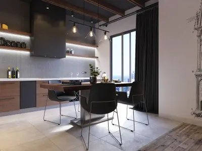 Wooden Kitchen And Living Room 3D model