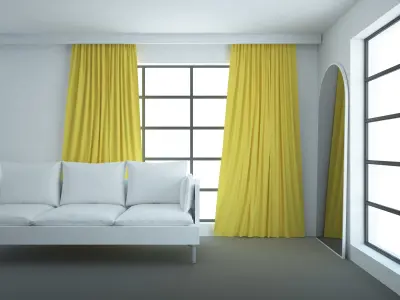 Living room with wide windows sofa arch mirror and curtains 3D model