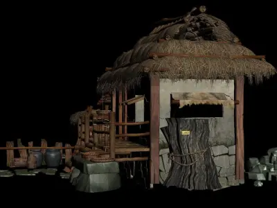 Cottages and thatched huts  Grass-roofed earthen houses 3D model