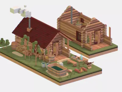 Isometric Russian Village Bathhouse Bath Accessories Low-poly 3D model