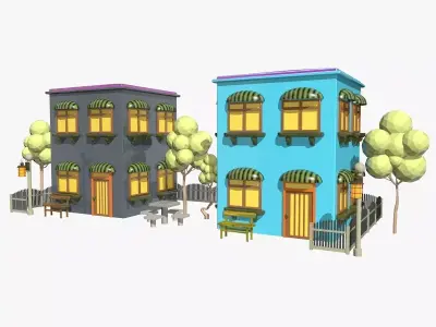 Cartoon Scene with TwoColorful  Houses Low-poly 3D model