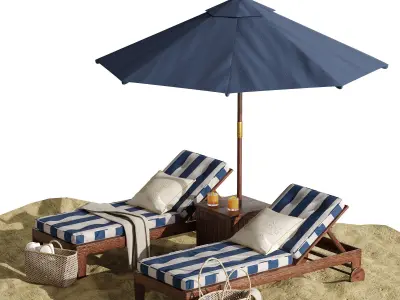 Beach umbrella and chaise longue set 7 3D model