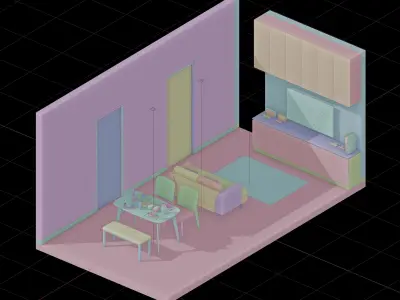 Isometric Open Space Interior Living Dining Room 3D model
