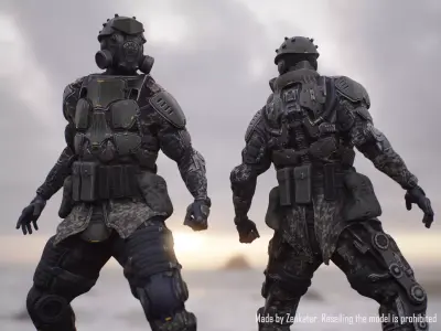 Rigged sci-fi soldier in a heavy exoskeleton Low-poly 3D model