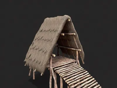Primitive Wooden Shelter with Thatch Roof 4 Low-poly 3D model