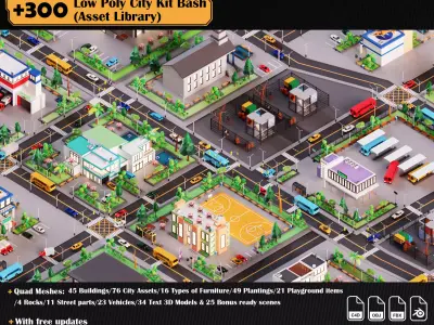 Low Poly City Asset Library 300 Objects Kitbash Low-poly 3D model