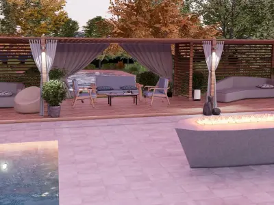 Modern pool lounge with firepit 3d model Low-poly 3D model