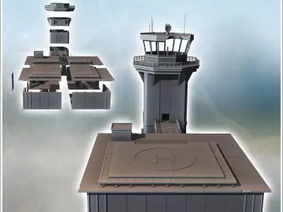 Airport building with damaged control tower and large aircraft h 3D print model purchase