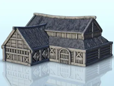 Large medieval house with multi-floored thatched roof 8 3D print model