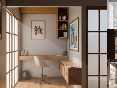 Japanese style room with a desk and chair Low-poly 3D model