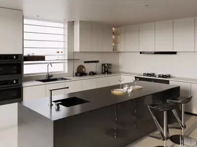 Modern Minimalist Black - White Kitchen with Island 3D model