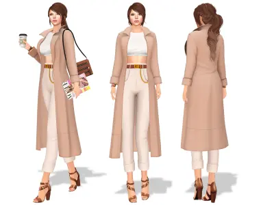 Long Coat White Top High Waist Pants Outfit Low-poly 3D model