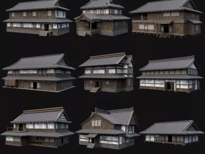 JAPANESE BIG FEUDAL HOUSES HUTS VILLAGE BUILDINGS COLLECTION Low-poly 3D model