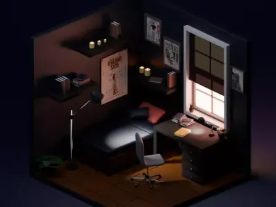 isometric study room Low-poly 3D model