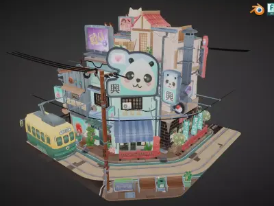 Stylized Japanese Street Corner - Texture Baked Low-poly 3D model