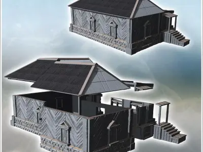 Large wooden building with a stone foundation steps leading to t 3D print model