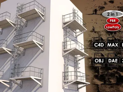 Caged Fire Escape Ladder Low-poly 3D model