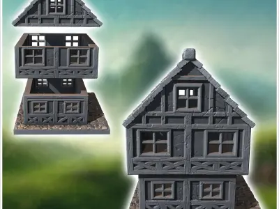 Two-story medieval house with a steep roof multiple windows and  3D print model