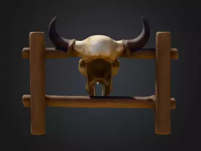 Wooden Fence with Bull Skull Head Low-poly 3D model