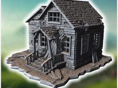 Dilapidated wooden house with a broken porch shattered windows a 3D print model
