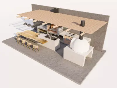 Outdoor Kitchen and Bar with Pergola Low-poly 3D model
