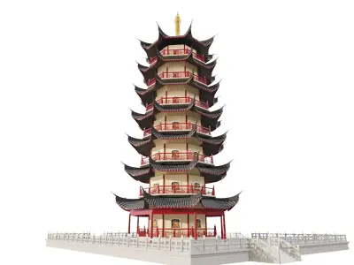 Ancient Japan Pagoda Tower with Stone Platform 3D model