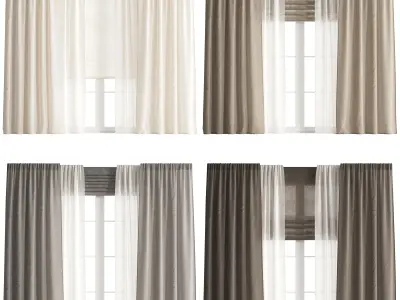 Linen Curtain with Tulle and Roman Blinds set 05 3D model