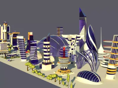 Low Poly Futuristic City Pack Buildings  Vehicles Trees  Low-poly 3D model