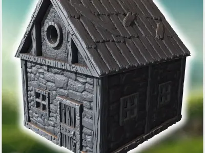Small medieval stone cottage with wooden door circular window an 3D print model