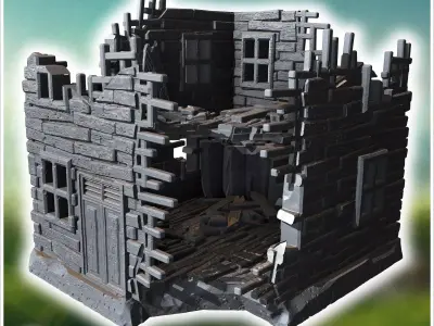 Collapsed wooden building with exposed structure broken floors a 3D print model