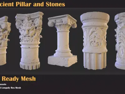 43 Ancient Pillar and Stones   Low-poly 3D model