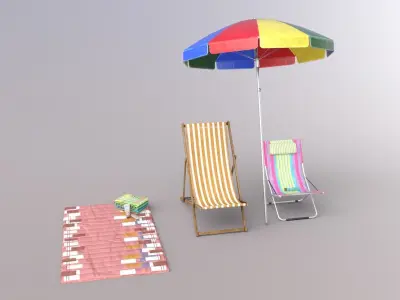 Beach Pack - Folding Chair Umbrella Towel Mat and Sunscreens Low-poly 3D model