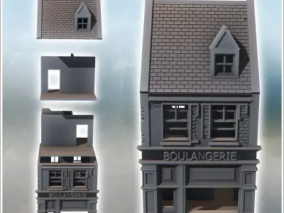 French bakery-pastry shop with two stories and damaged brick wal 3D print model