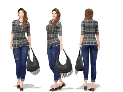 Checkered Shirt Denims Handbag Casual Outfit Low-poly 3D model