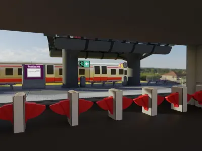 Low Poly Train Station with Train 3D model