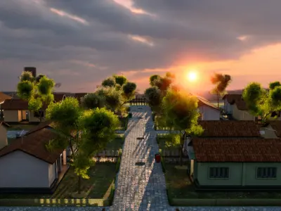 Rural Suburb Neighbourhood with a master house Low-poly 3D model